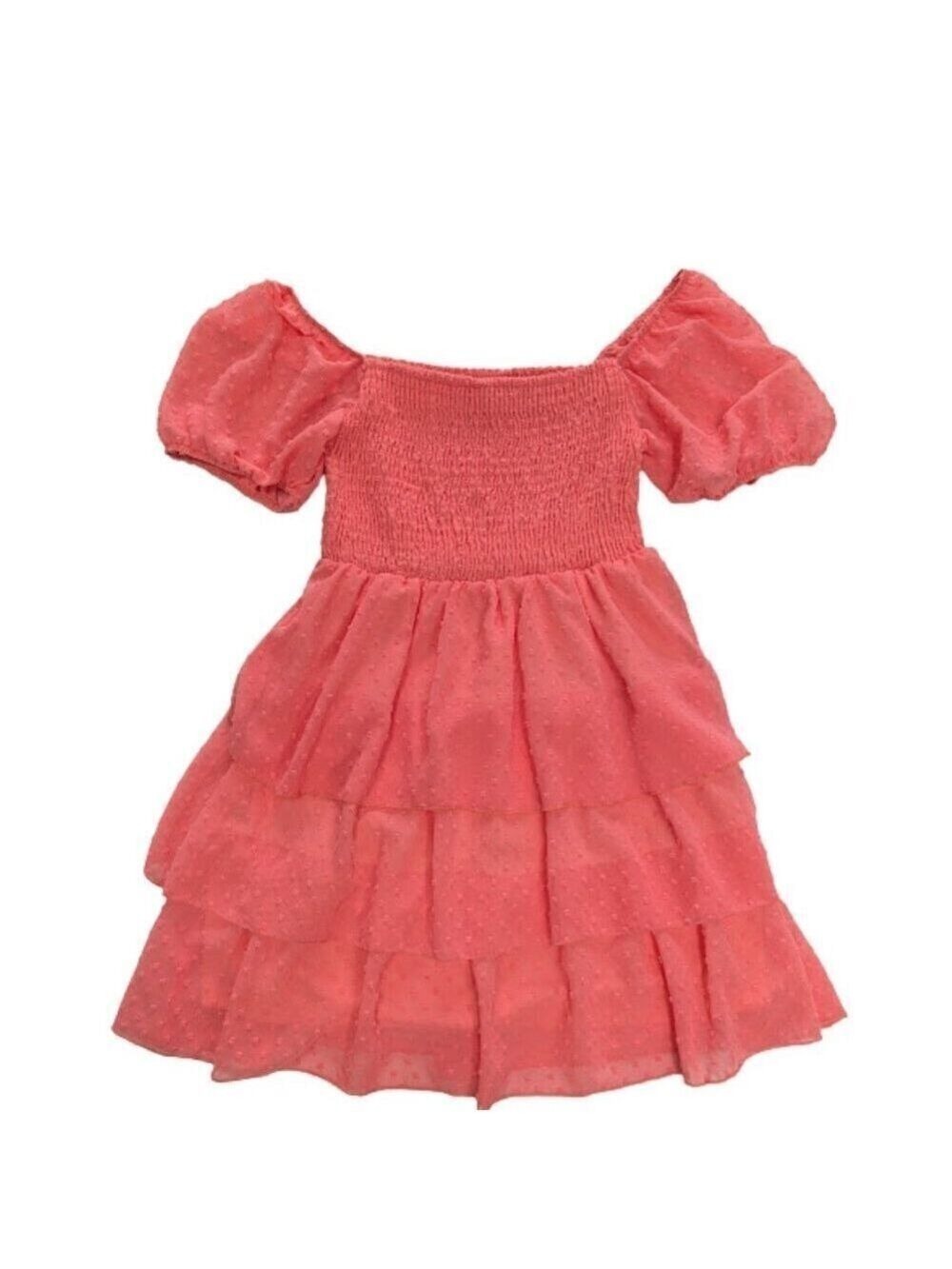 Altar’d State Puff-Sleeve Tiered Swiss-Dot Mini Dress Coral Size Medium